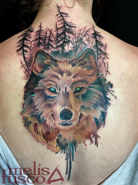 tattoos/ - Wolf with gray wash gradient trees - 116142